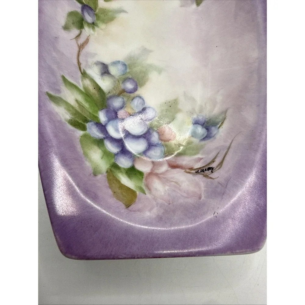 Antique Hand Painted Violet Porcelain Trinket Tray Dish Dresser Tray 9